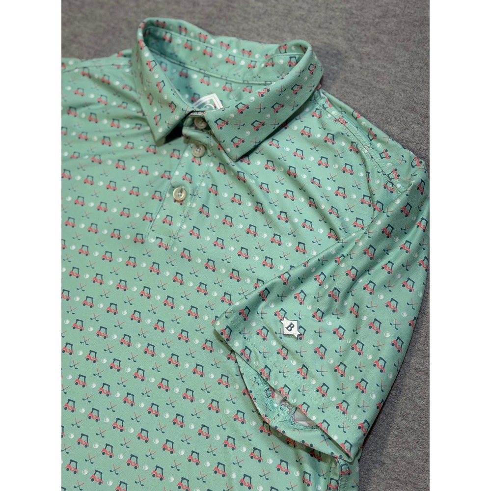 Burlebo Mens Golf Cart Print Performance Polo Shirt Mint Green Large L